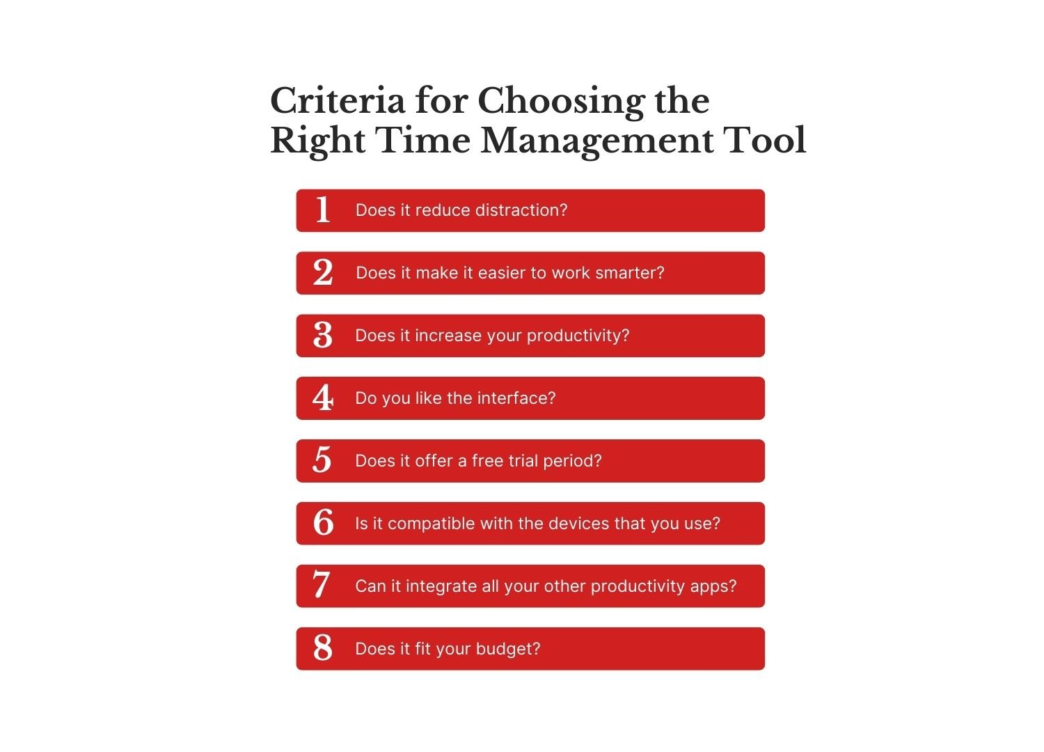 Infographic showing eight criteria for choosing the right time management tool.