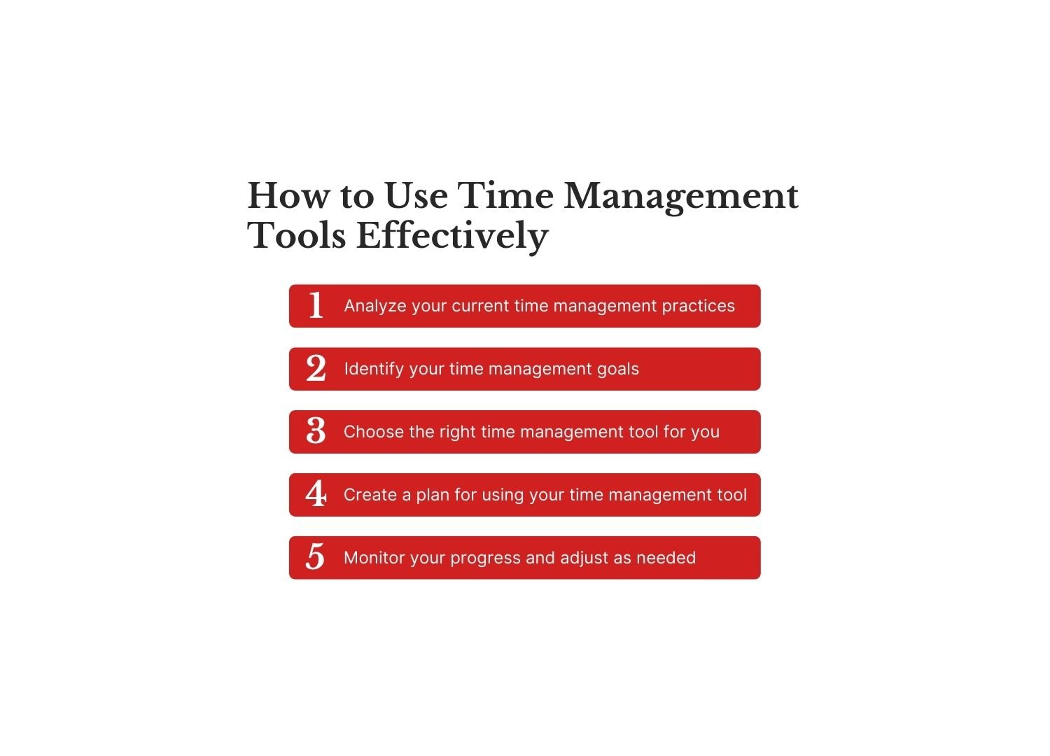 Infographic showing five steps to use time management tools effectively.