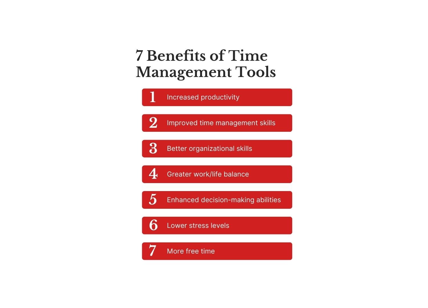 Infographic showing a list of seven benefits of time management tools. 