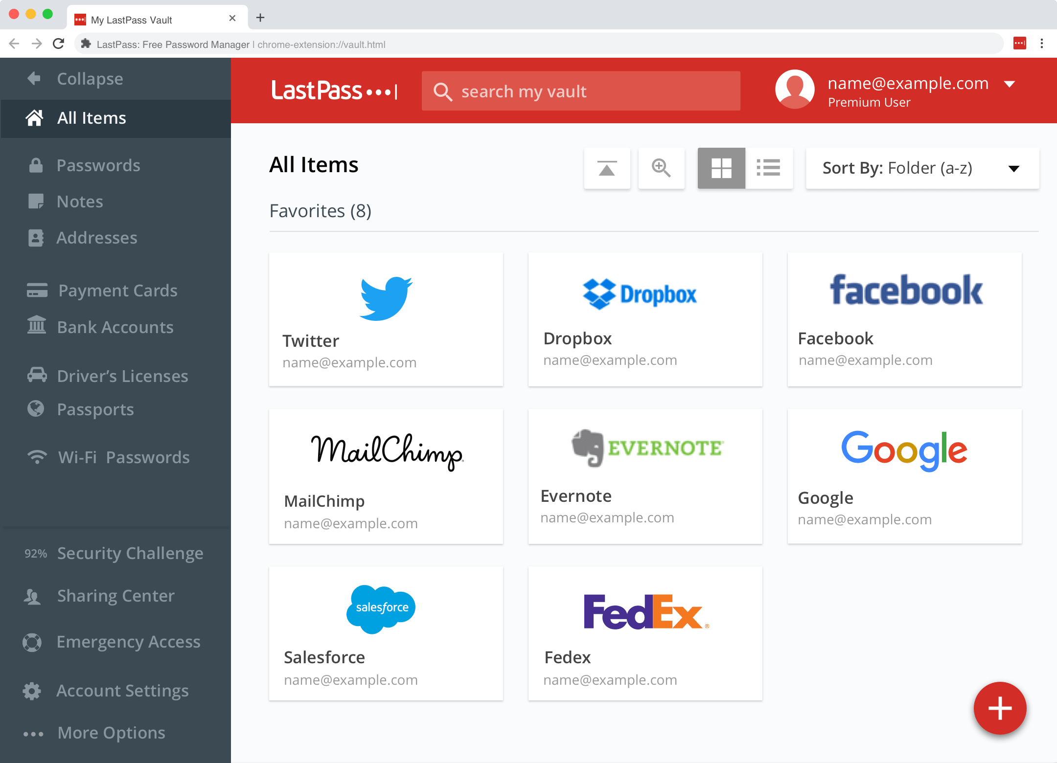 Page d'accueil de Lastpass montrant huit comptes différents.