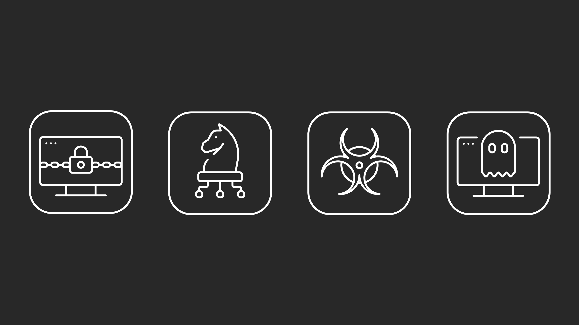 Une infographie avec des icônes représentant les ransomwares, les chevaux de Troie, les virus et les vers, ainsi que les rootkits.