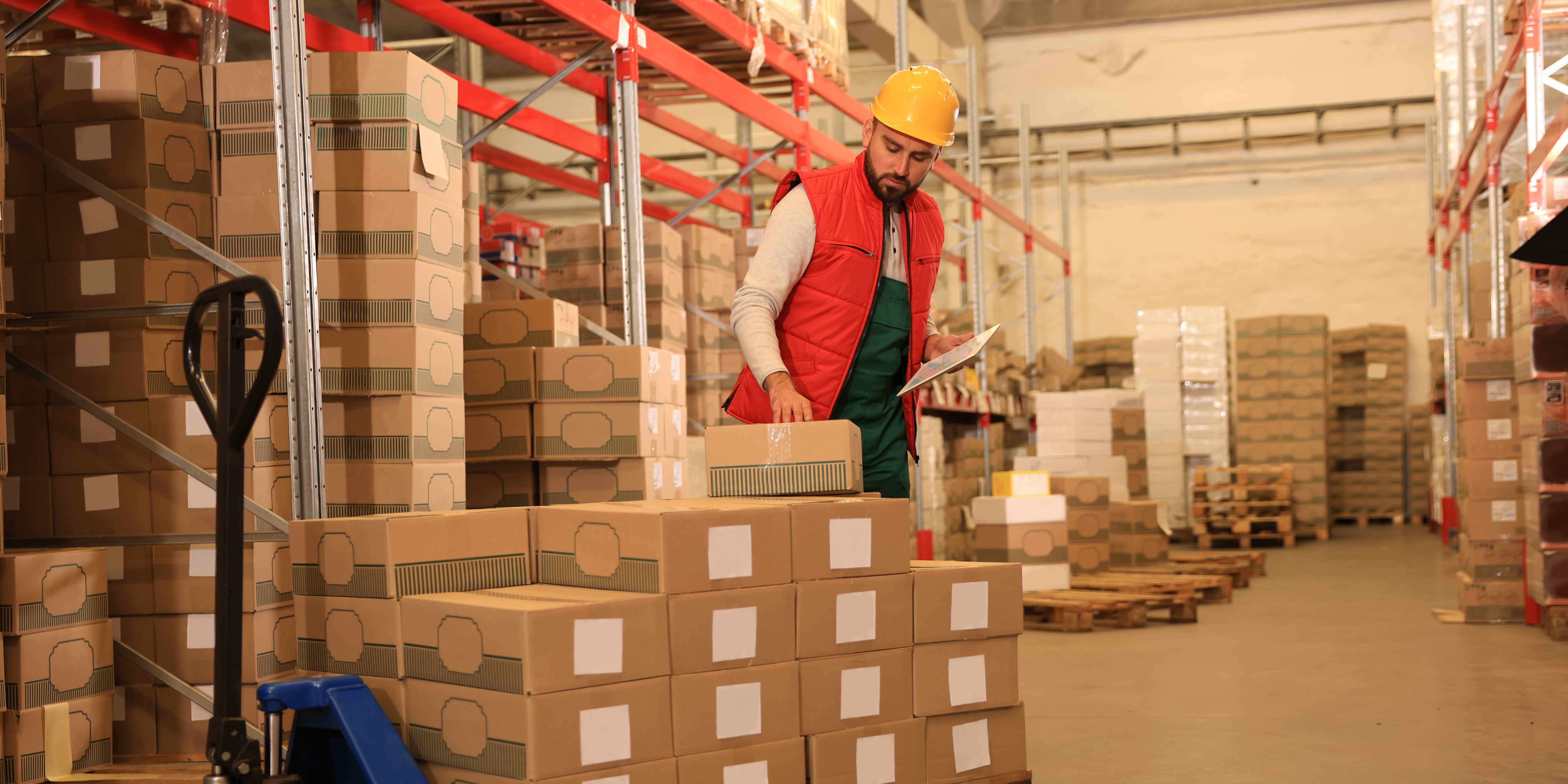 An employee doing inventory control in a warehouse.