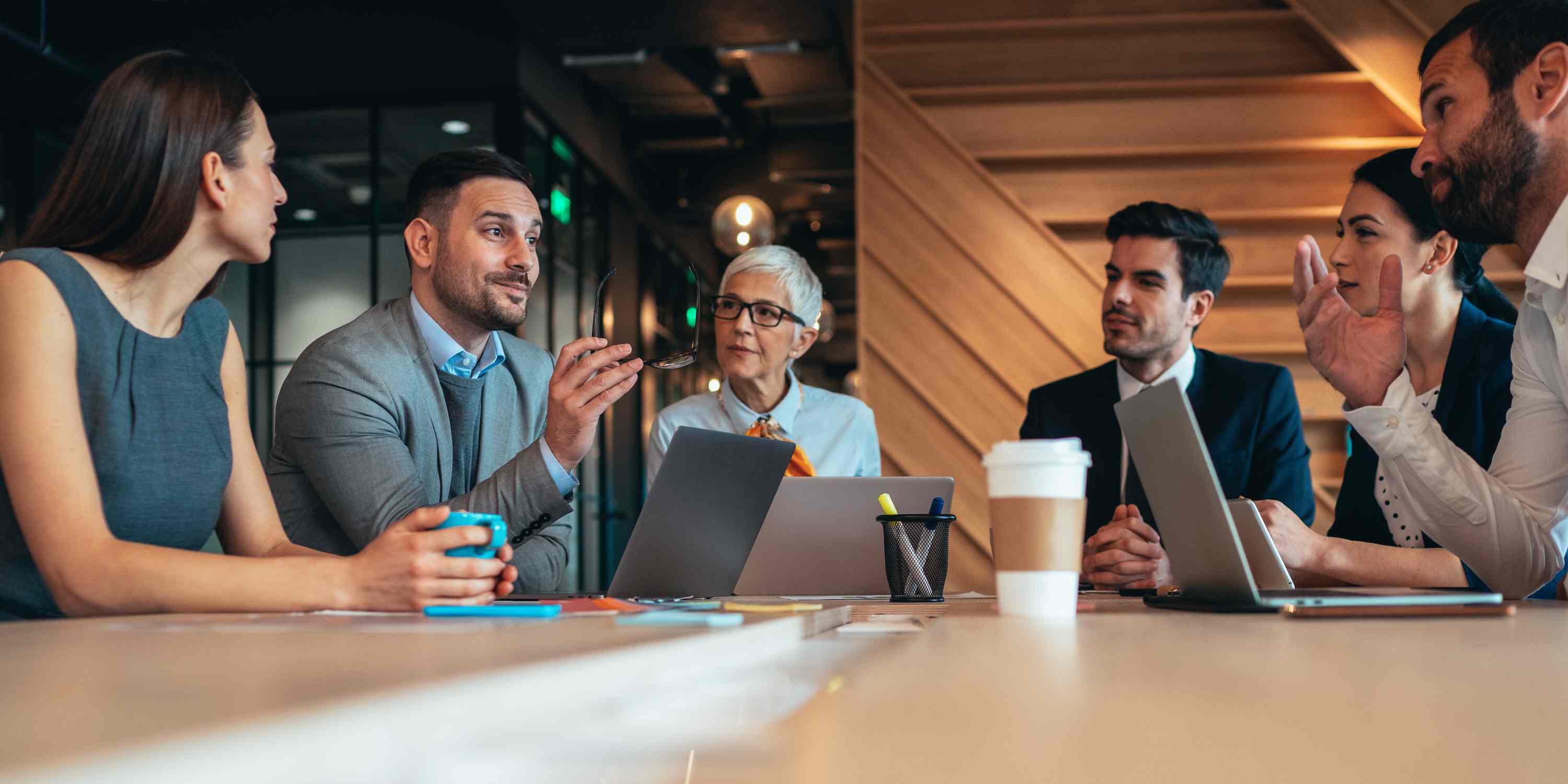 People talking in a business meeting.