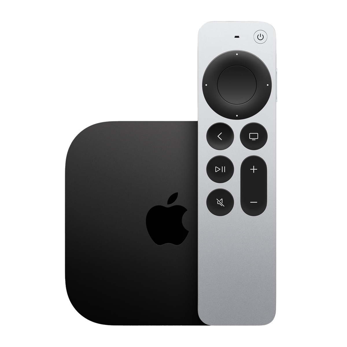 An Apple TV and Apple TV remote.